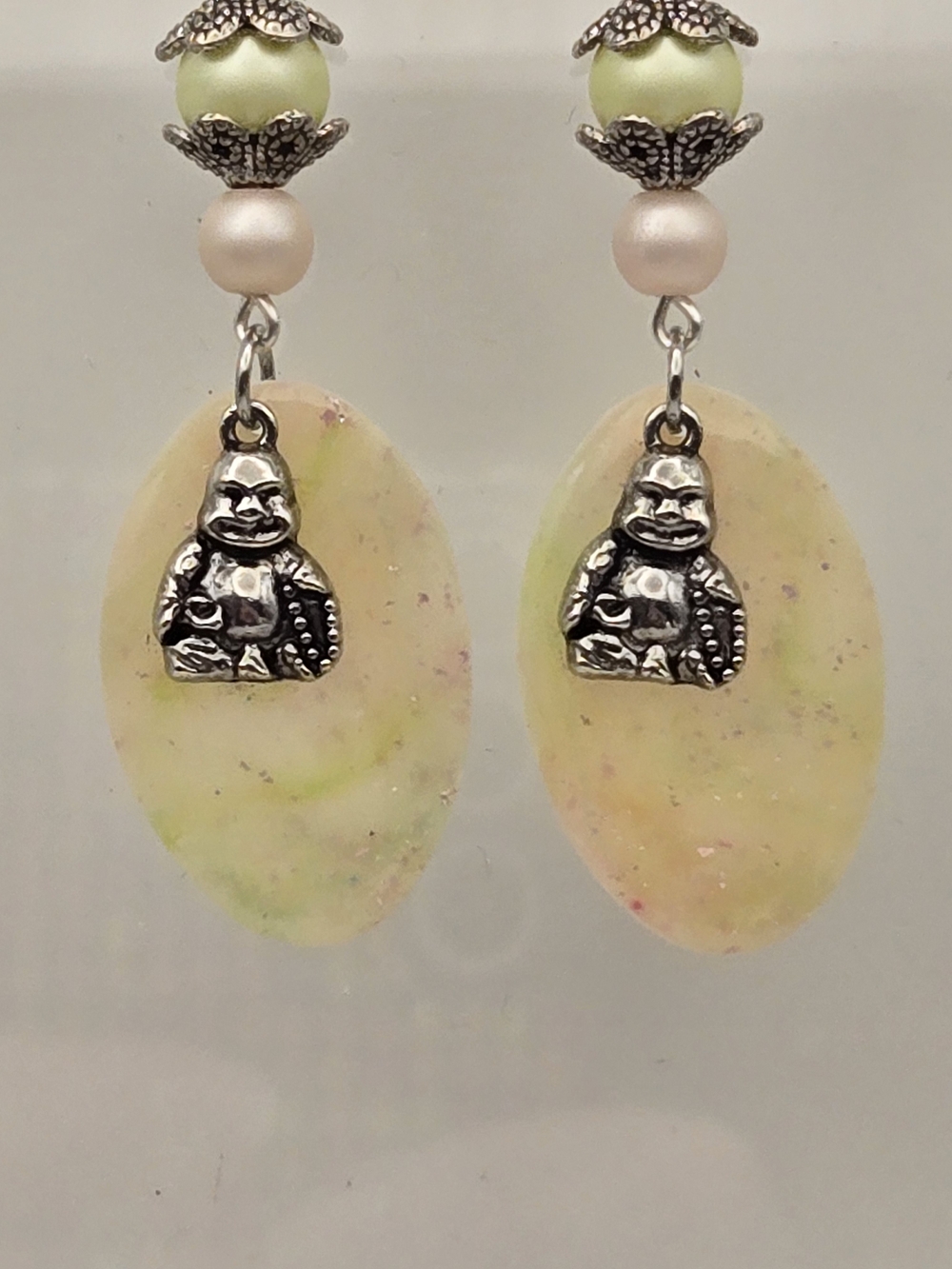 Unbranded Green Pearl Buddha Drop Earrings with Pale Pink Accents - Picture 3 of 4
